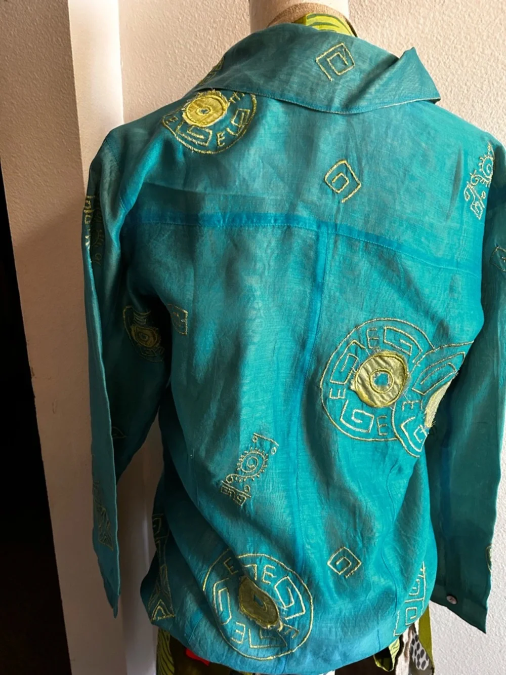 Chico's Turquoise & Lime Embroidered Button-Front Blouse - Picture 3 of 4